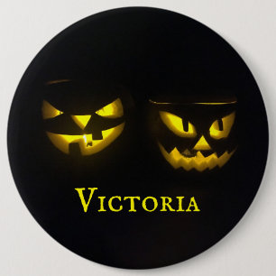 Spooky personalised yellow and black pumpkin face 6 inch round button