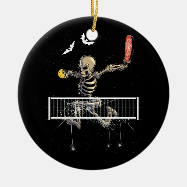 Spooky Pickleball Skeleton Player Fan Halloween Pi Ceramic Ornament (Front)