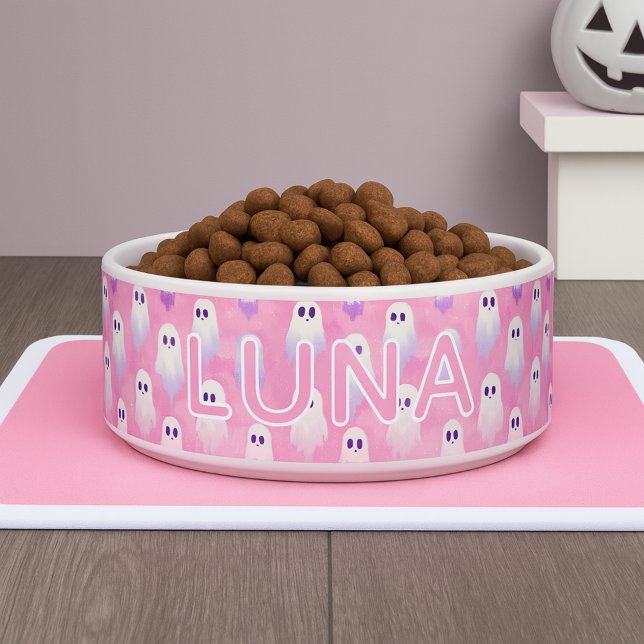 Spooky Pink Ghosts Custom Name Halloween Dog Bowl (Spooky Pink Ghosts Custom Name Halloween Dog Bowl)