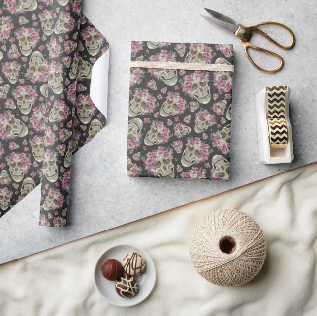 Spooky Pink Orchid Floral Skull Pattern Wrapping Paper (Crafts)