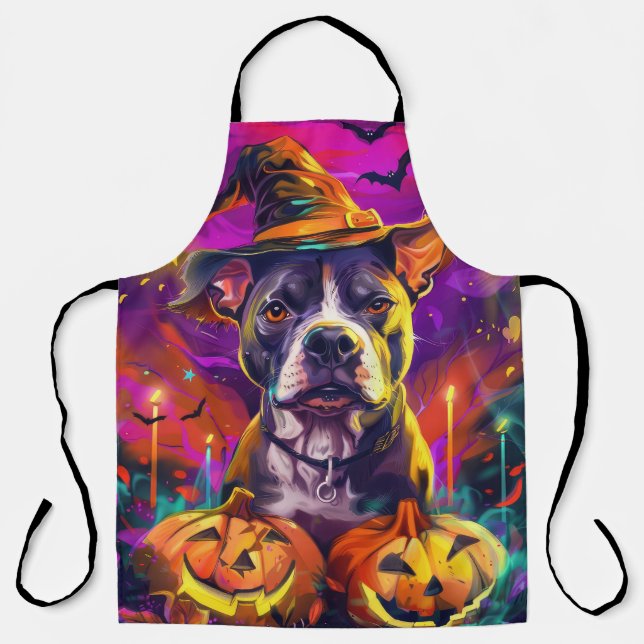 Spooky Pitbull Dog Halloween Witch And Pumpkin  Apron (Front)