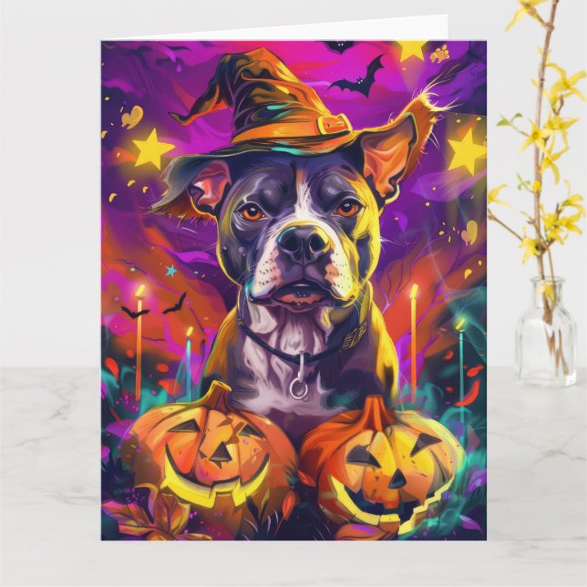 Spooky Pitbull Dog Halloween Witch And Pumpkin  Card (Yellow Flower)