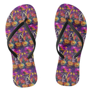 Spooky Pitbull Dog Halloween Witch And Pumpkin Flip Flops