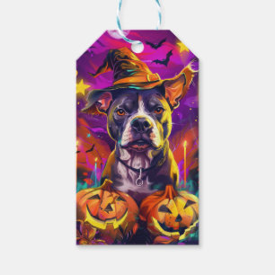 Spooky Pitbull Dog Halloween Witch And Pumpkin  Gift Tags