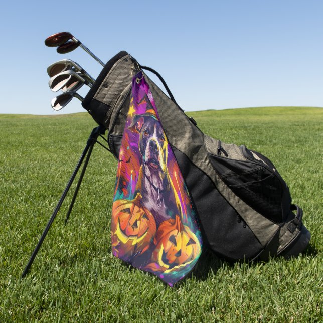 Spooky Pitbull Dog Halloween Witch And Pumpkin  Golf Towel (Green)
