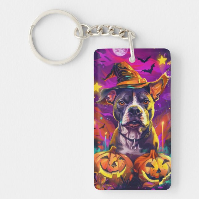 Spooky Pitbull Dog Halloween Witch And Pumpkin  Keychain (Front)