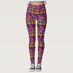 Spooky Pitbull Dog Halloween Witch And Pumpkin Leggings