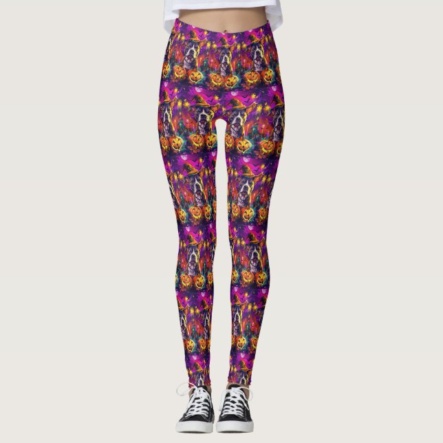 Spooky Pitbull Dog Halloween Witch And Pumpkin  Leggings (Front)