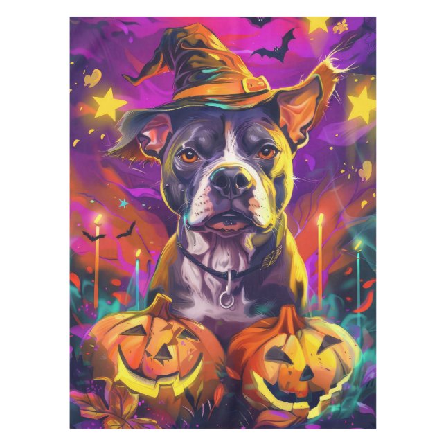 Spooky Pitbull Dog Halloween Witch And Pumpkin  Tablecloth (Front)