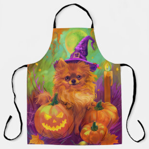 Spooky Pomeranian Dog Halloween Witch And Pumpkin Apron