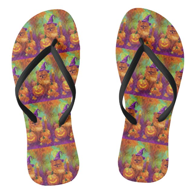 Spooky Pomeranian Dog Halloween Witch And Pumpkin Flip Flops (Footbed)