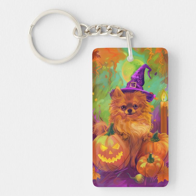 Spooky Pomeranian Dog Halloween Witch And Pumpkin Keychain (Front)