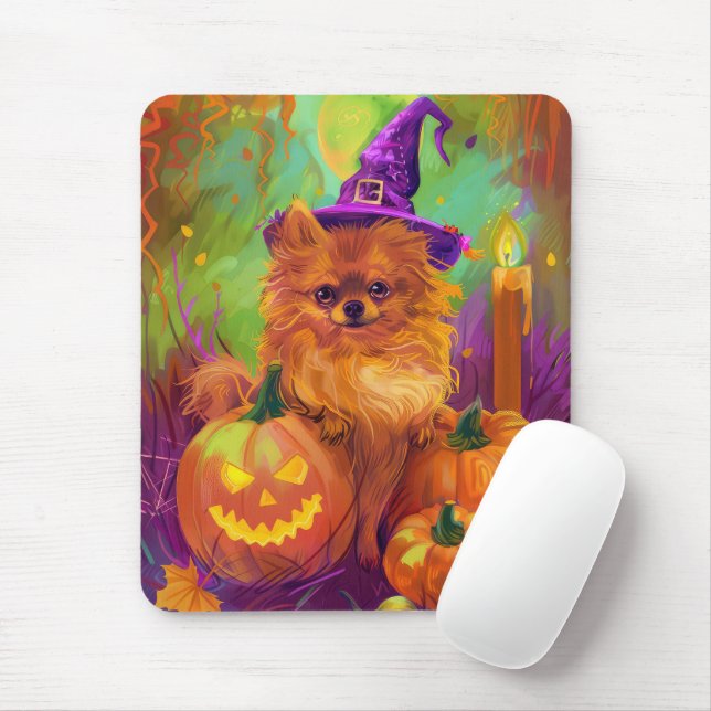Spooky Pomeranian Dog Halloween Witch And Pumpkin Mouse Pad (With Mouse)