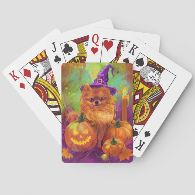 Spooky Pomeranian Dog Halloween Witch And Pumpkin Playing Cards (Back)