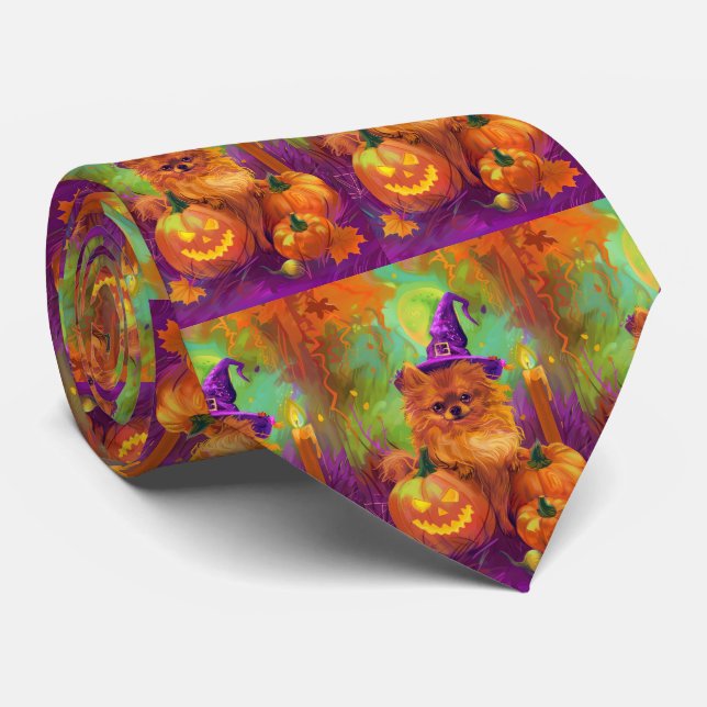 Spooky Pomeranian Dog Halloween Witch And Pumpkin Tie (Rolled)