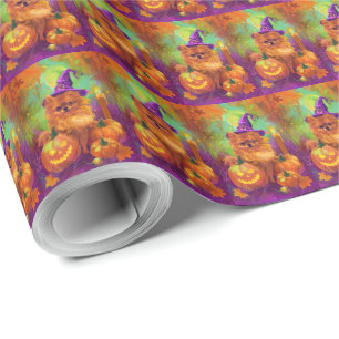 Spooky Pomeranian Dog Halloween Witch And Pumpkin Wrapping Paper