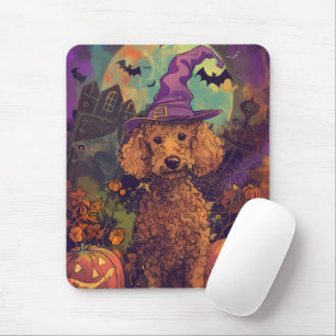 Spooky Poodle Dog Halloween Witch And Pumpkin Mouse Pad