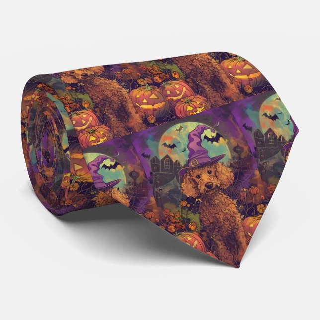Spooky Poodle Dog Halloween Witch And Pumpkin Tie (Rolled)
