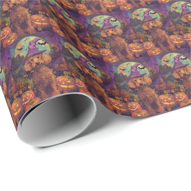 Spooky Poodle Dog Halloween Witch And Pumpkin Wrapping Paper (Roll Corner)