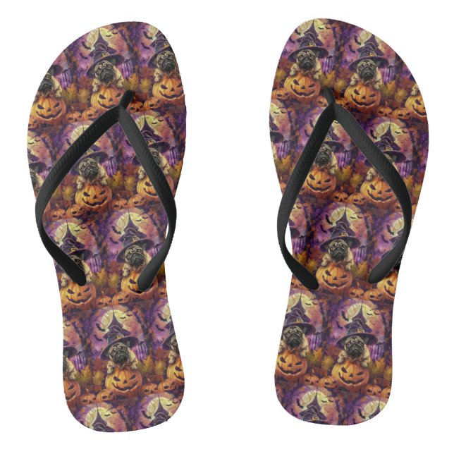 Spooky Pug Dog Halloween Witch And Pumpkin Flip Flops (Footbed)