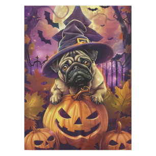 Spooky Pug Dog Halloween Witch And Pumpkin Tablecloth