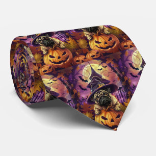 Spooky Pug Dog Halloween Witch And Pumpkin Tie