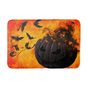 Spooky pumpkin and bats illustration bath mat