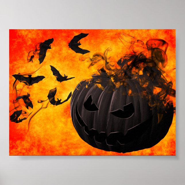 Spooky pumpkin and bats illustration poster (Front)