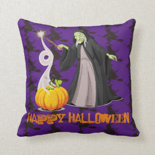 Spooky Pumpkin and Witch Throw Pillow