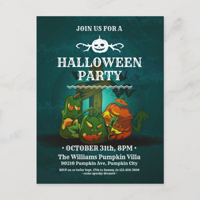 Spooky Pumpkin Bats Halloween Party Invitation Postcard (Front)