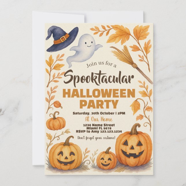 Spooky Pumpkin & Bats Theme Invitation (Front)