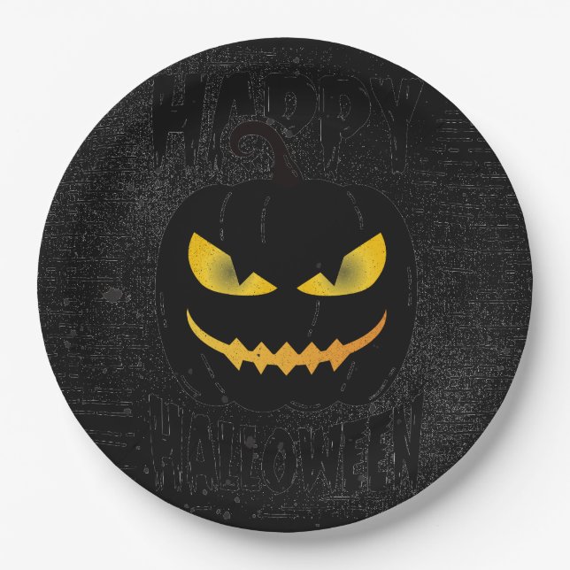 Spooky Pumpkin Black Halloween party Paper Plate (Front)