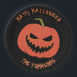 Spooky Pumpkin Black Halloween party your name Paper Plate<br><div class="desc">Cool Black and orange Jack O'lantern Halloween party paper plates.
Fun party supplies,  decorations and disposable accessories for costume party,  halloween,  scary,  fright,  frightening,  trick or treat,  night gathering,  bbq,  dinner,  birthday,  wedding.

Available in small and large. Change the quantity to get the cheapest bulk price.</div>