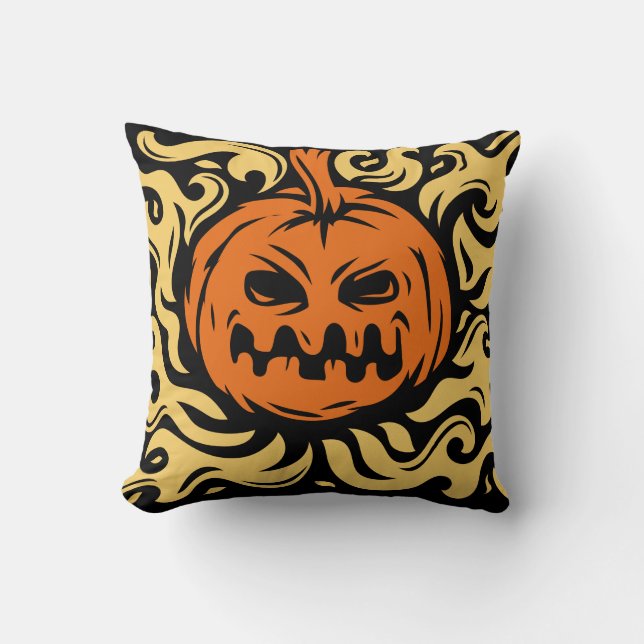 Spooky Pumpkin Burning with black background Throw Pillow (Front)