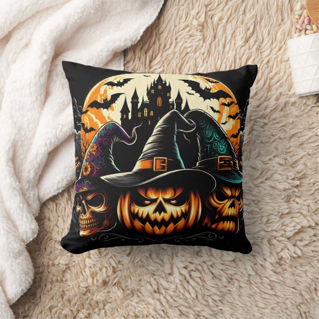 Spooky pumpkin display with witches and a castle throw pillow (Blanket)