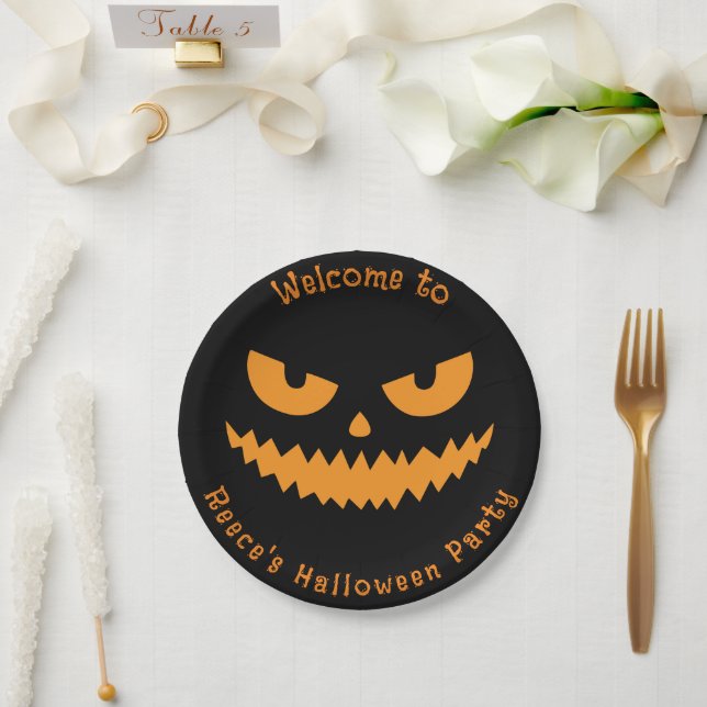 Spooky Pumpkin Face Kids Halloween Party Paper Plate (Wedding)