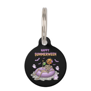 Spooky Pumpkin Faced Skeleton Fun Happy Summerween Pet Tag
