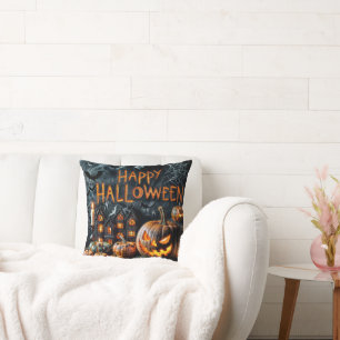 "Spooky Pumpkin Glow Halloween Cushion" Throw Pillow