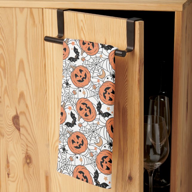 Spooky Pumpkin Halloween Pattern Kitchen Towel (Thirds Fold)