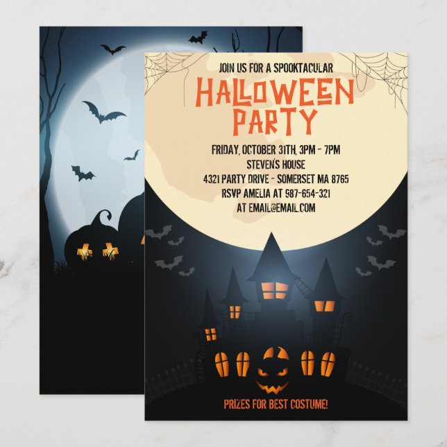 Spooky Pumpkin Halloween With Haunted House & Moon Invitation (Front/Back)