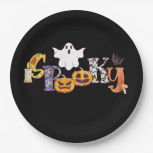 Spooky Pumpkin Mushroom Ghost Bat Halloween Paper Plate