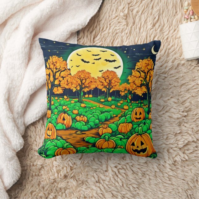 Spooky Pumpkin Patch: Cartoon Night Throw Pillow (Blanket)