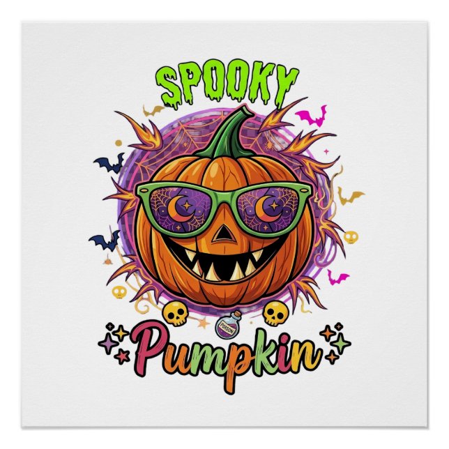 Spooky Pumpkin Sunglasses Moon Cobwebs Skulls Poster (Front)