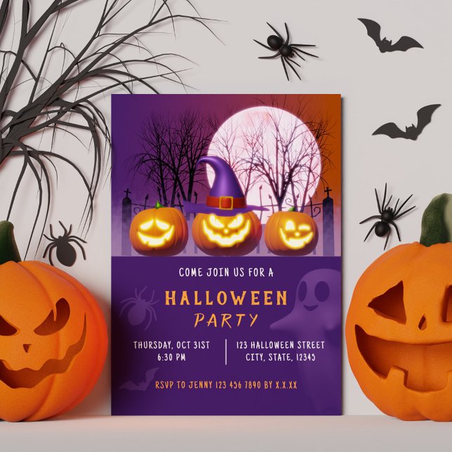 Spooky Pumpkins Orange and Purple Halloween Party Invitation (Spooky Pumpkins Orange and Purple Halloween Party Invitation)