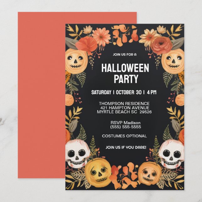 Spooky Pumpkins Skulls Halloween Party   Invitation (Front/Back)