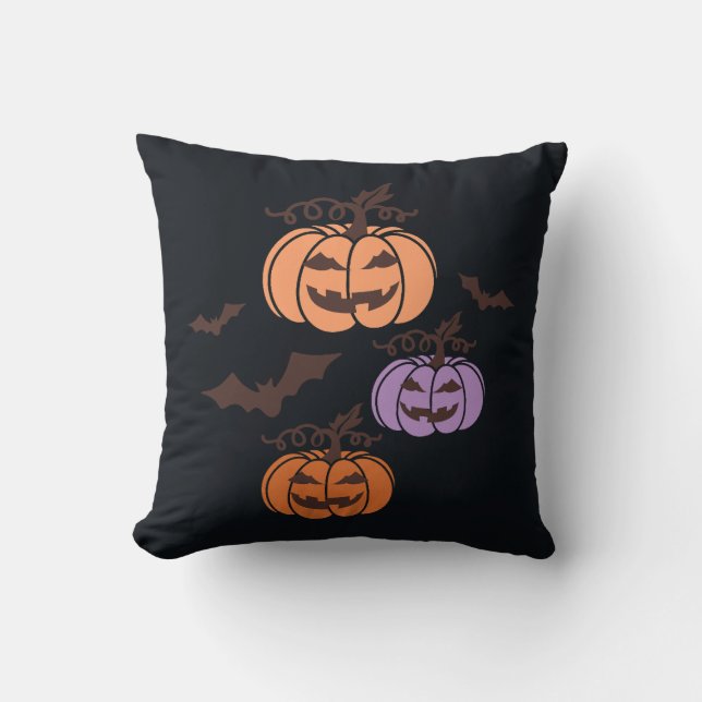 Spooky Pumpkins Trio Halloween Jack-o’Lantern Throw Pillow (Front)