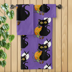 Spooky Purple Cute Black Cat Halloween Pumpkin Bath Towel Set