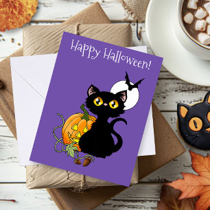 Spooky Purple Cute Black Cat Halloween Pumpkin Card