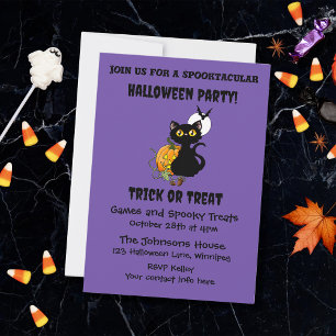 Spooky Purple Cute Black Cat Halloween Pumpkin Invitation