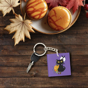 Spooky Purple Cute Black Cat Halloween Pumpkin Keychain